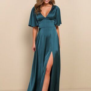 Lulus Elegant Confidence Teal Satin Flutter Sleeve Cutout Maxi Dress Blue